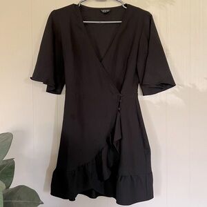 TopShop Black Wrap Mini Dress with button closure and ruffle detail